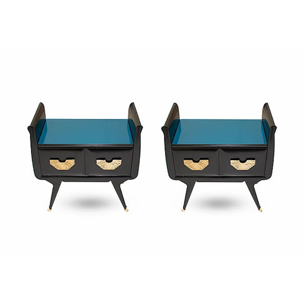 1960s Italian Mid-Century Modern Teal Blue & Black Lacquer Pair of Nightstands