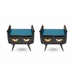 1960s Italian Mid-Century Modern Teal Blue & Black Lacquer Pair of Nightstands
