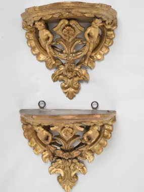 19th-century pair of giltwood wall consoles w/ cherubs 11"