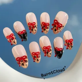 230 "Red Bowknots" Brown Leopard Print Frenchtips 3D Bowknots Custom Press-On Nails