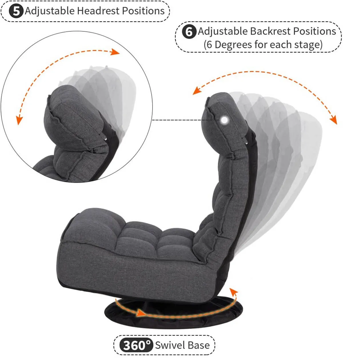 360-Degree Swivel Floor Sofa, High Back Folding Floor Gaming Chair, Floor Lounger Adjustable Sleeper Recliner for Teens&Adults, Gray