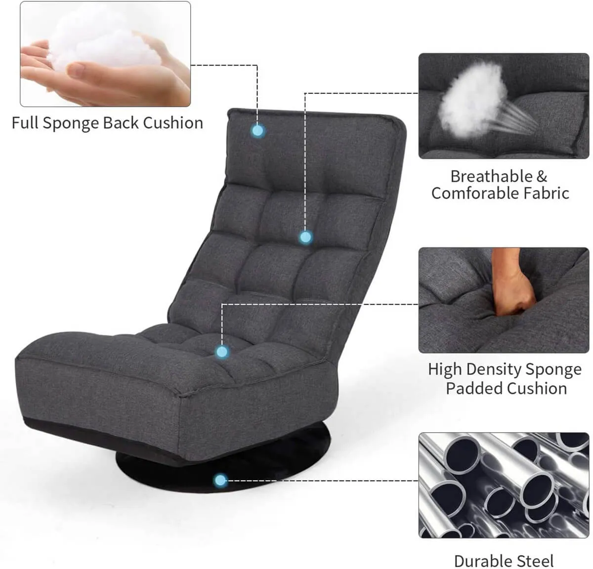 360-Degree Swivel Floor Sofa, High Back Folding Floor Gaming Chair, Floor Lounger Adjustable Sleeper Recliner for Teens&Adults, Gray