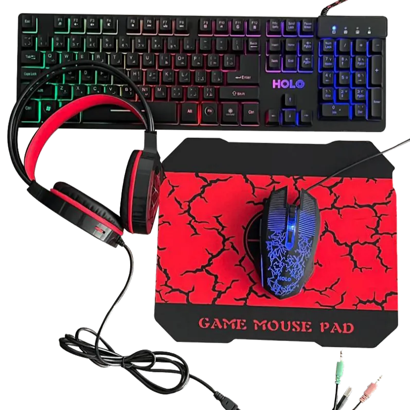 4 in 1 Gaming keyboard, headset with microphone, mouse, and mouse pad.