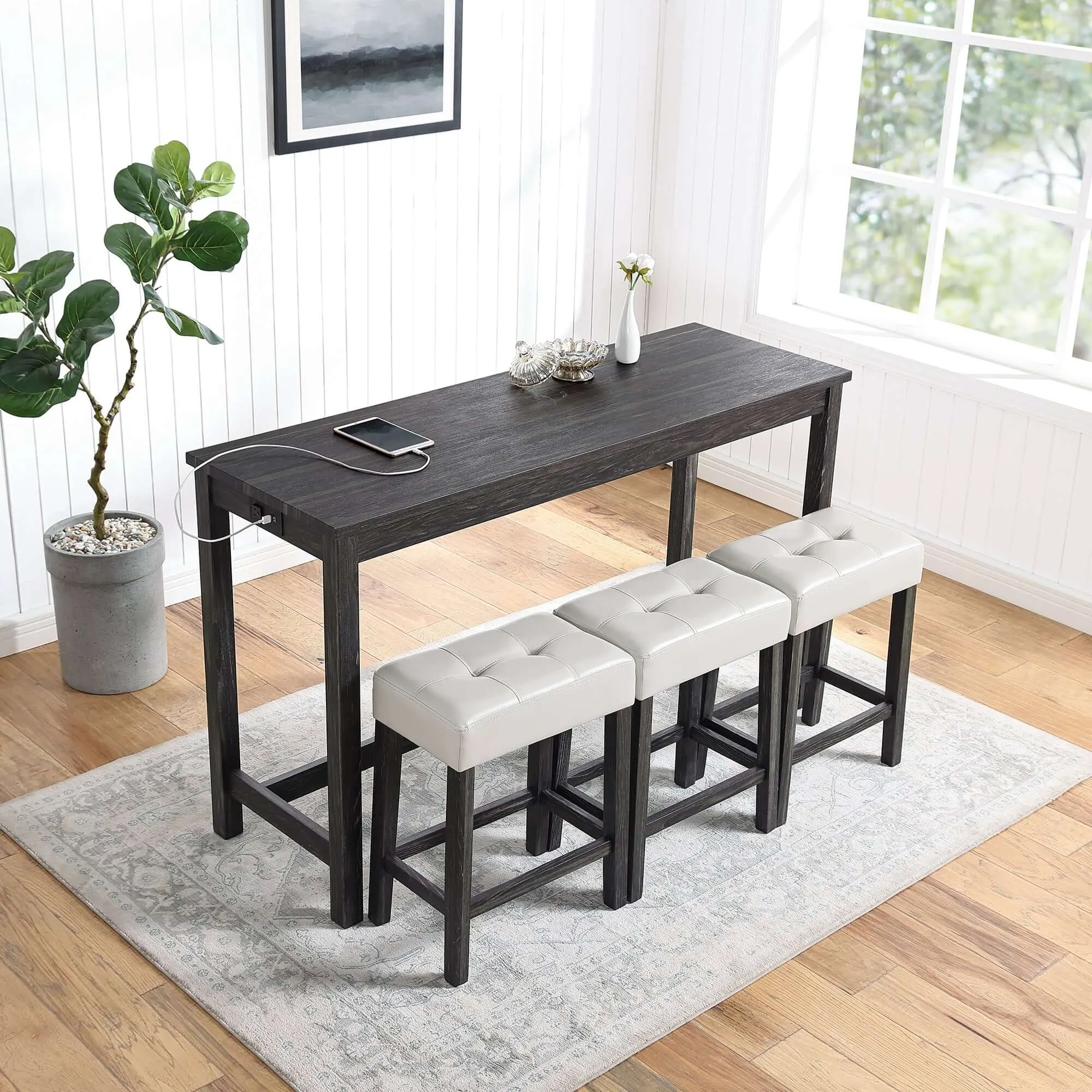 4-Piece Bar Table Set with Power Outlet - White & Black