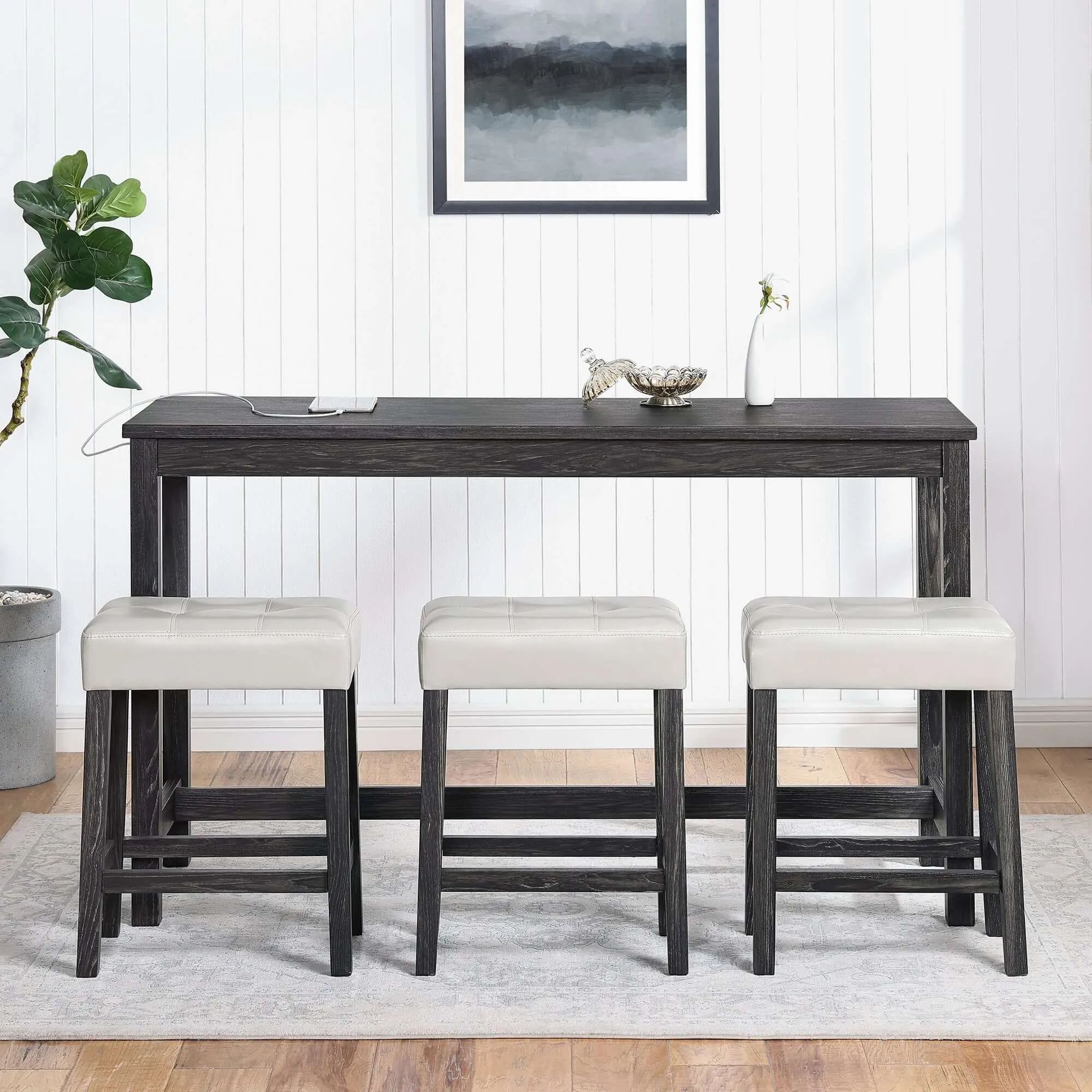 4-Piece Bar Table Set with Power Outlet - White & Black