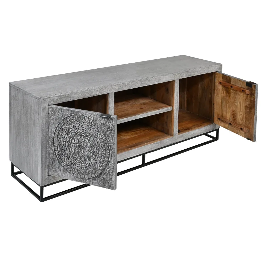 63 Inch Handcrafted TV Media Entertainment Console, 2 Medallion Engraved Doors, Sandblasted Gray Mango Wood, Black Iron Stand By The Urban Port