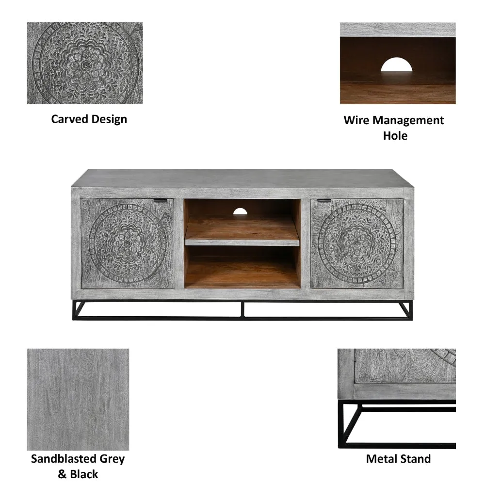 63 Inch Handcrafted TV Media Entertainment Console, 2 Medallion Engraved Doors, Sandblasted Gray Mango Wood, Black Iron Stand By The Urban Port