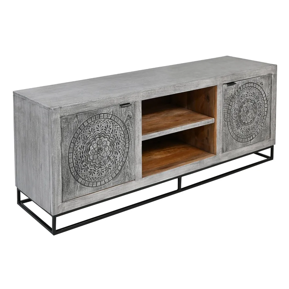 63 Inch Handcrafted TV Media Entertainment Console, 2 Medallion Engraved Doors, Sandblasted Gray Mango Wood, Black Iron Stand By The Urban Port