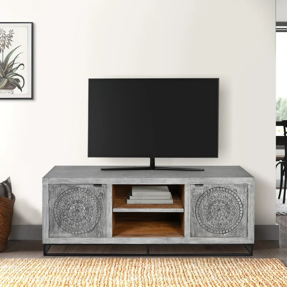 63 Inch Handcrafted TV Media Entertainment Console, 2 Medallion Engraved Doors, Sandblasted Gray Mango Wood, Black Iron Stand By The Urban Port