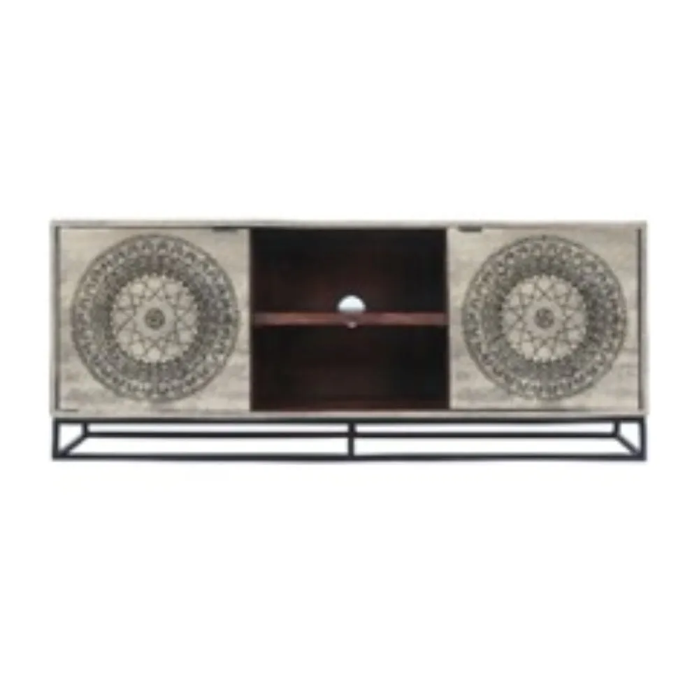 63 Inch Handcrafted TV Media Entertainment Console, 2 Medallion Engraved Doors, Sandblasted Gray Mango Wood, Black Iron Stand By The Urban Port