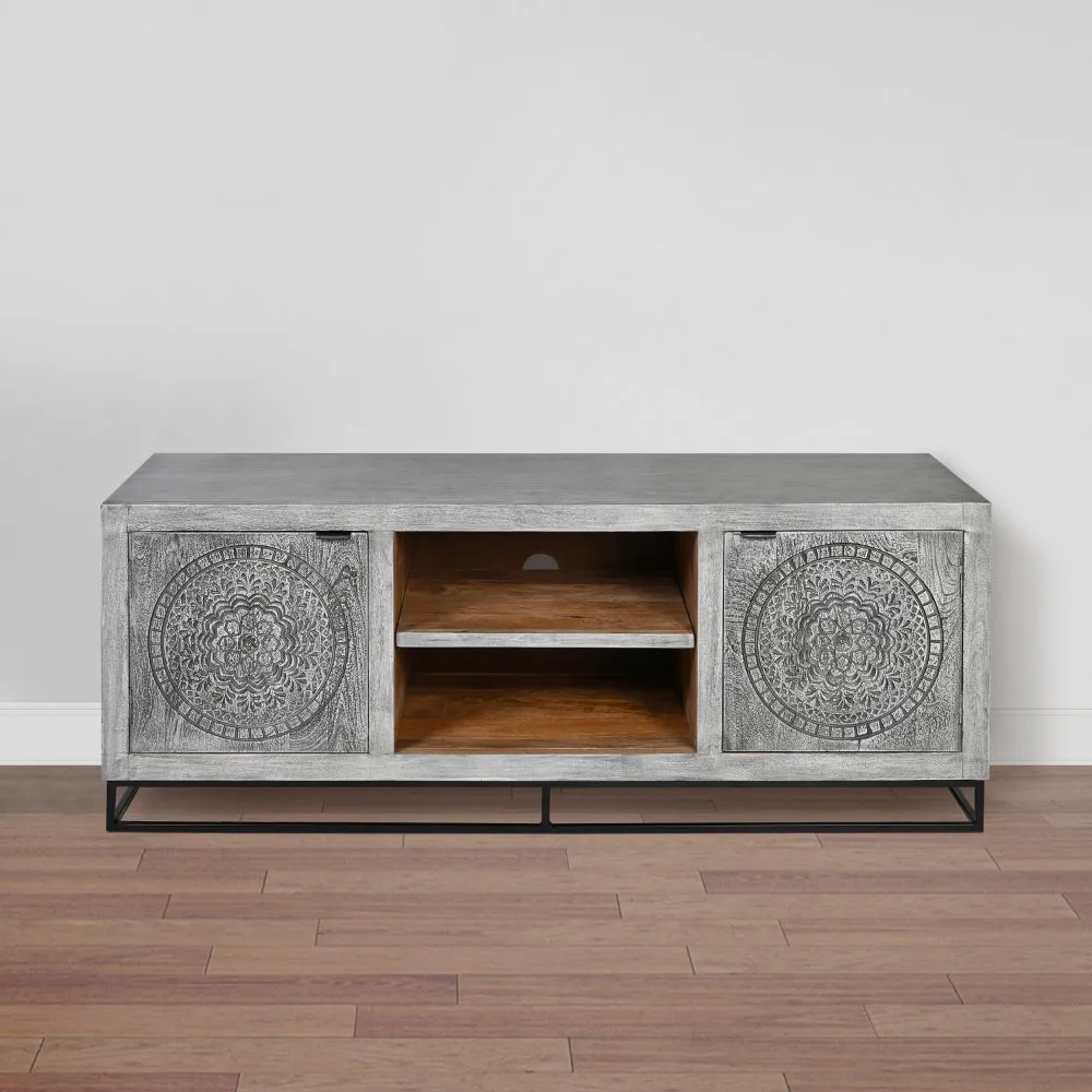 63 Inch Handcrafted TV Media Entertainment Console, 2 Medallion Engraved Doors, Sandblasted Gray Mango Wood, Black Iron Stand By The Urban Port