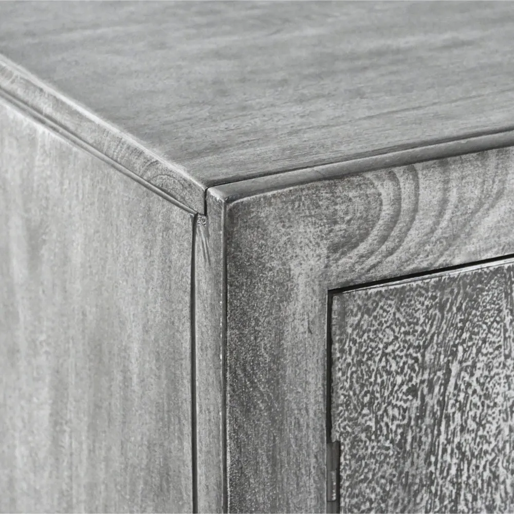 63 Inch Handcrafted TV Media Entertainment Console, 2 Medallion Engraved Doors, Sandblasted Gray Mango Wood, Black Iron Stand By The Urban Port