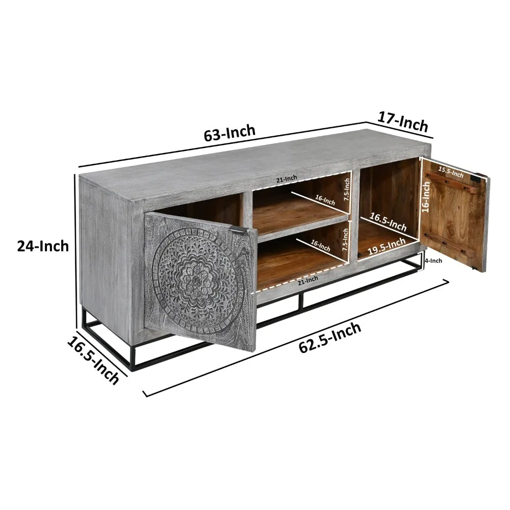 63 Inch Handcrafted TV Media Entertainment Console, 2 Medallion Engraved Doors, Sandblasted Gray Mango Wood, Black Iron Stand By The Urban Port