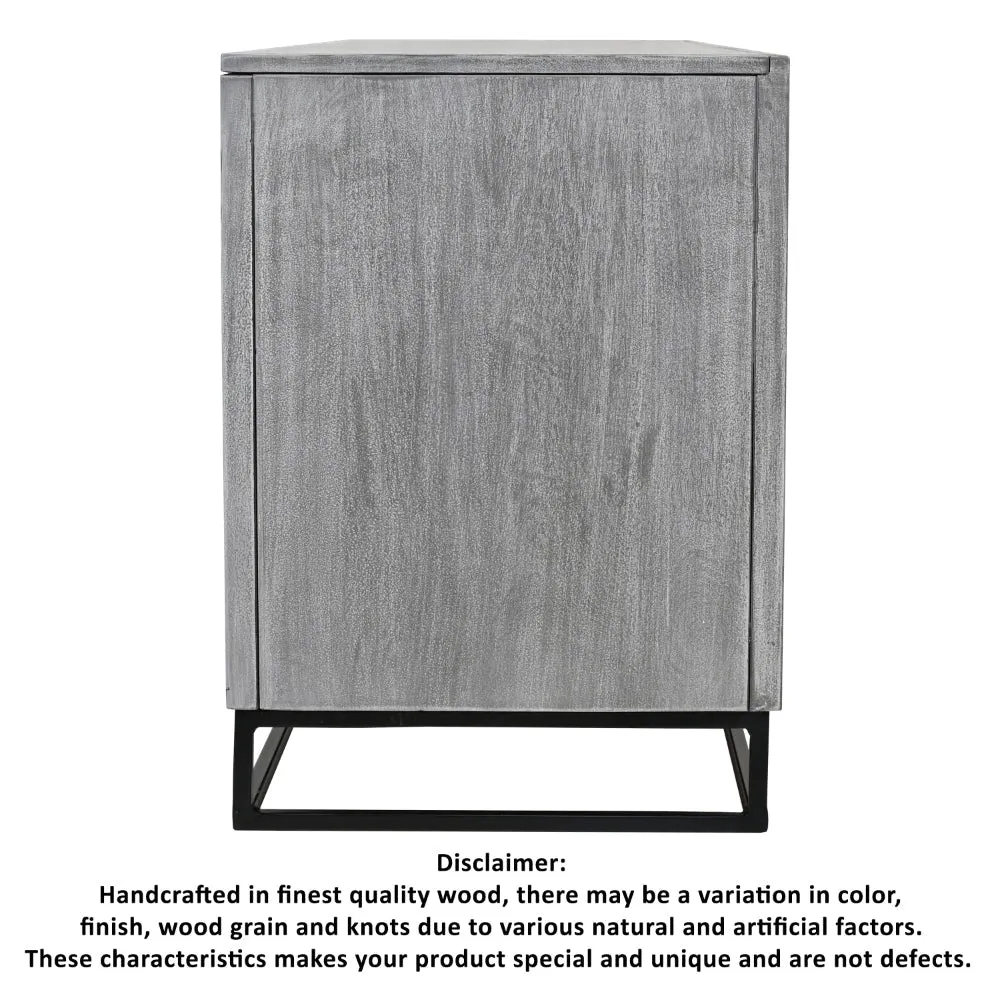 63 Inch Handcrafted TV Media Entertainment Console, 2 Medallion Engraved Doors, Sandblasted Gray Mango Wood, Black Iron Stand By The Urban Port