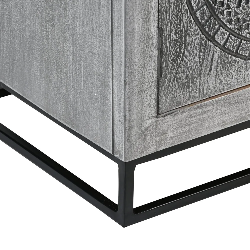 63 Inch Handcrafted TV Media Entertainment Console, 2 Medallion Engraved Doors, Sandblasted Gray Mango Wood, Black Iron Stand By The Urban Port
