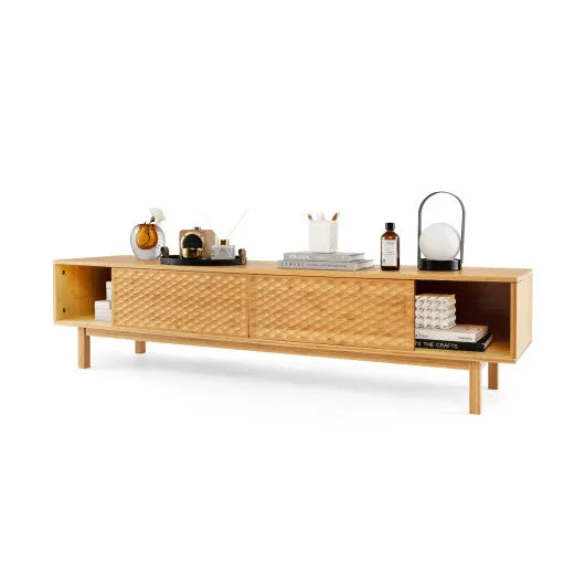 63 Inches Mid Century Modern Bamboo TV Stand with Sliding Doors-Natural