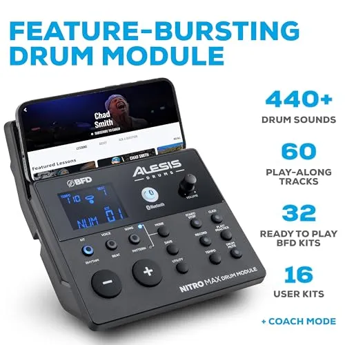Alesis Nitro Max Kit Electric Drum Set with Quiet Mesh Pads, 10" Dual Zone Snare, Bluetooth, 440  Authentic Sounds, Drumeo, USB MIDI, Kick Pedal