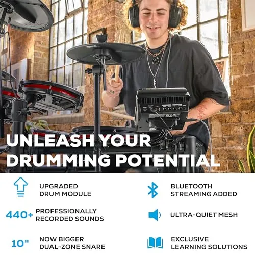 Alesis Nitro Max Kit Electric Drum Set with Quiet Mesh Pads, 10" Dual Zone Snare, Bluetooth, 440  Authentic Sounds, Drumeo, USB MIDI, Kick Pedal