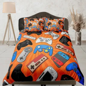 Assorted controllers gamer bedding orange duvet cover, video gamer boyfriend gift bedding set full king queen twin boys bedroom dorm bedding