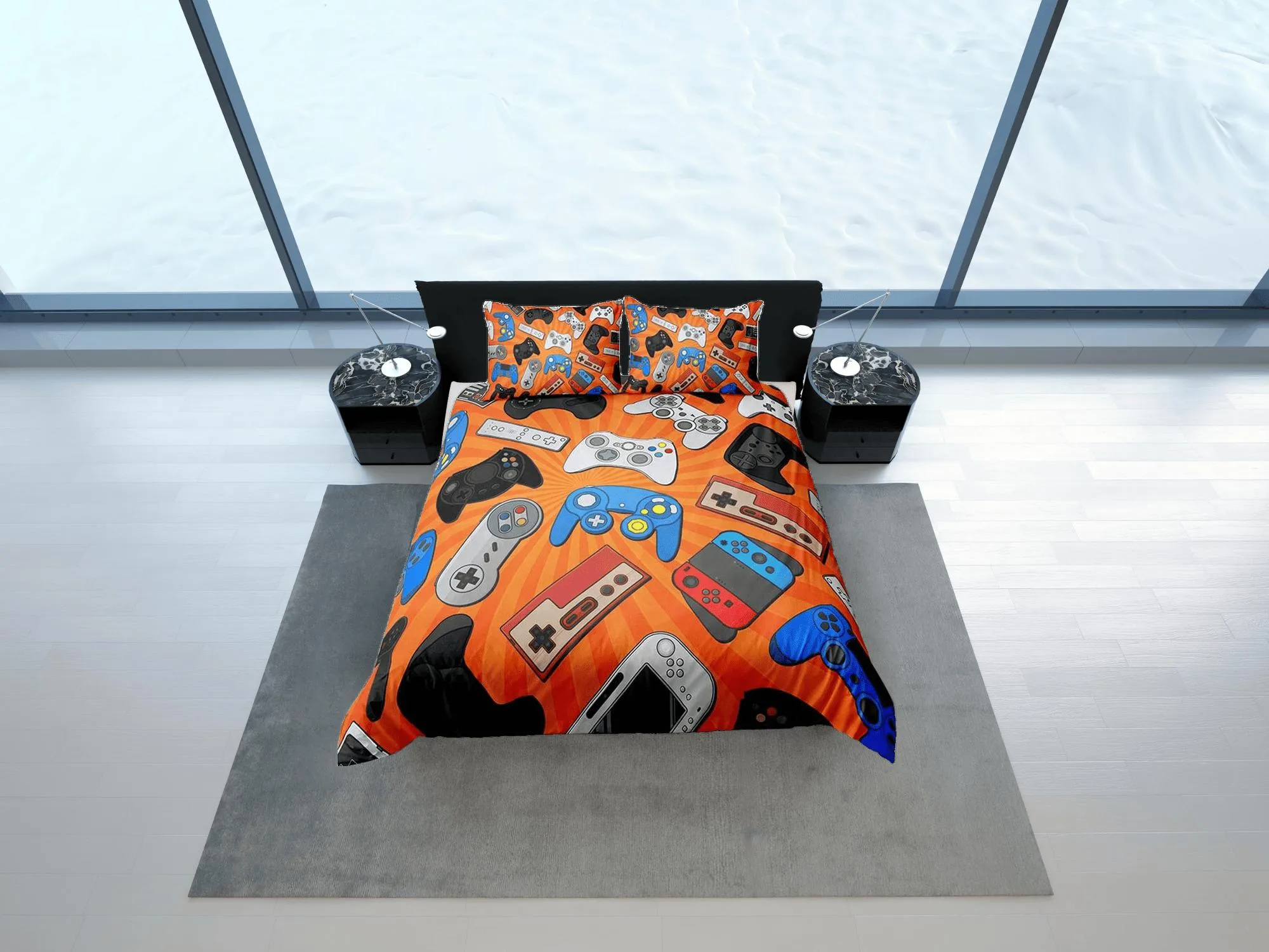 Assorted controllers gamer bedding orange duvet cover, video gamer boyfriend gift bedding set full king queen twin boys bedroom dorm bedding