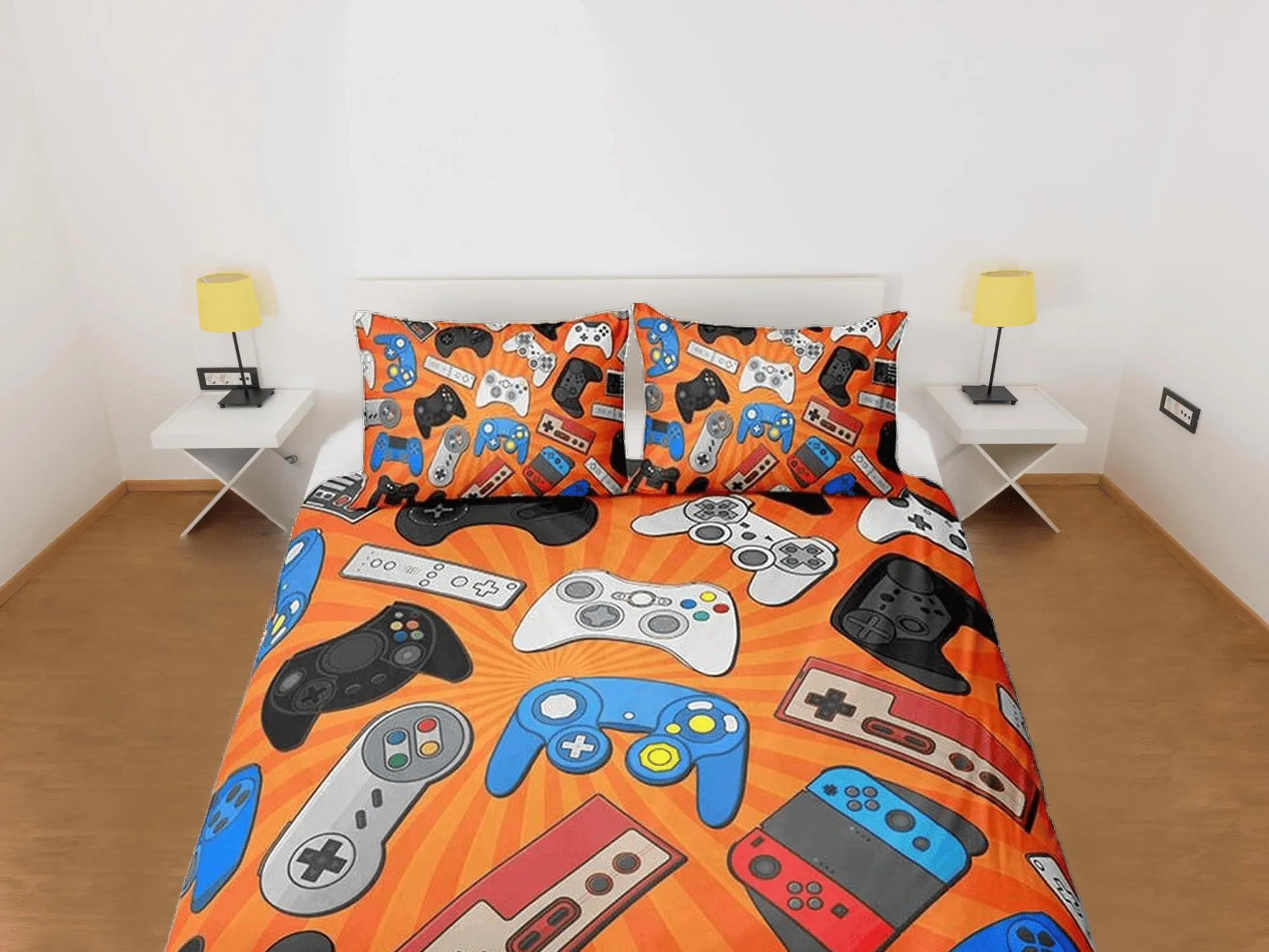 Assorted controllers gamer bedding orange duvet cover, video gamer boyfriend gift bedding set full king queen twin boys bedroom dorm bedding