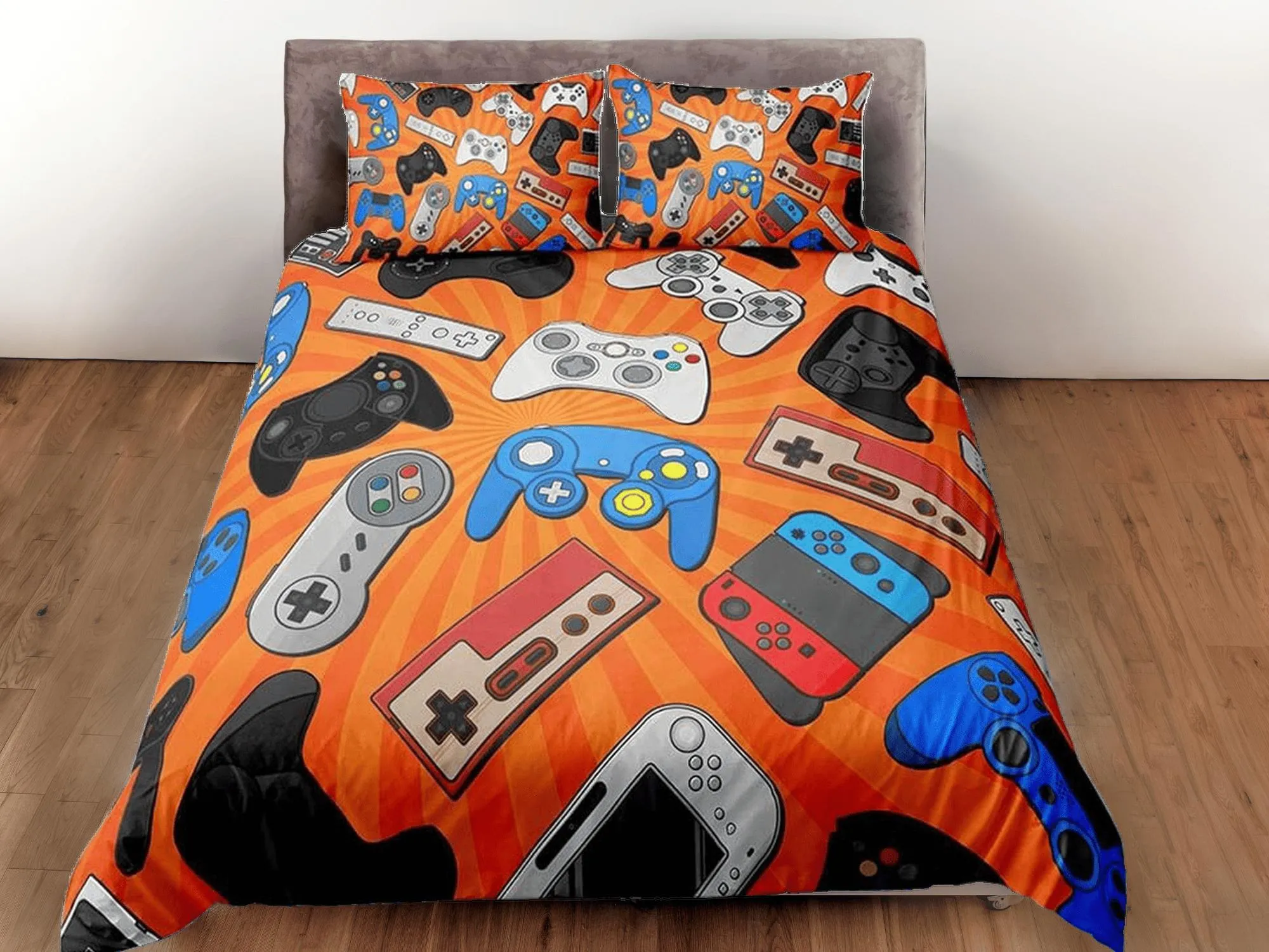 Assorted controllers gamer bedding orange duvet cover, video gamer boyfriend gift bedding set full king queen twin boys bedroom dorm bedding