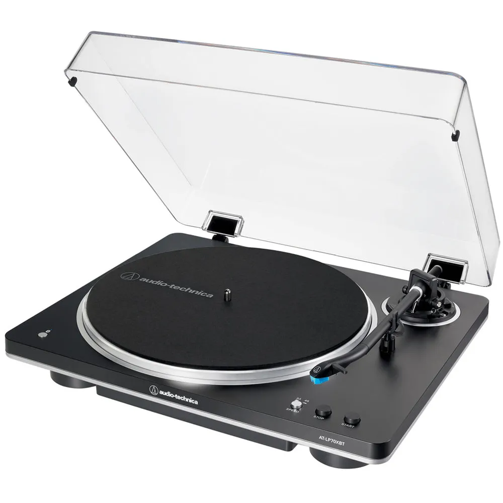 Audio Technica AT-LP70XBT Fully Automatic Bluetooth Wireless Turntable with Kanto ORA4 140W Powered Reference Speakers HiFi Package Black