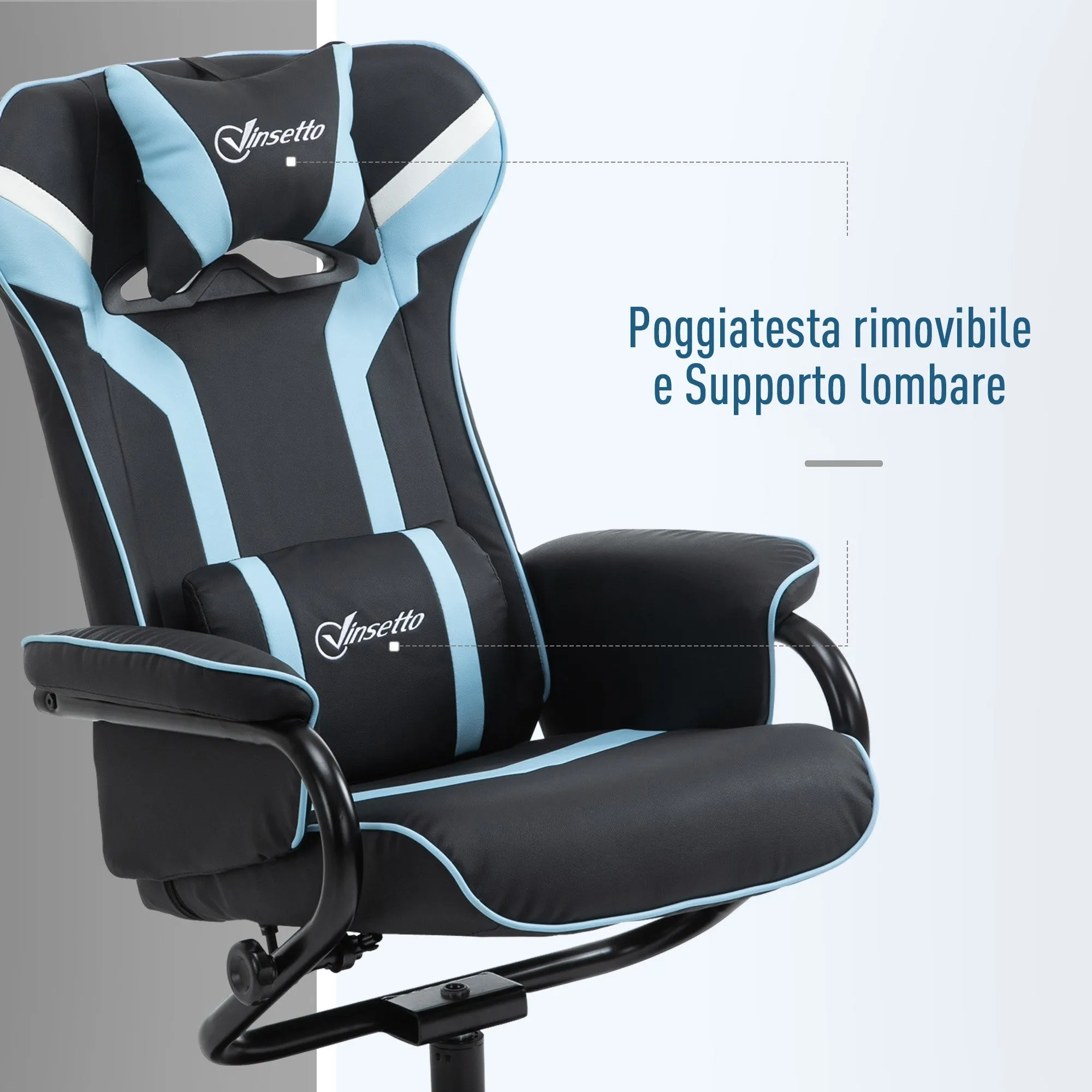 Easycomfort Set 2 Pezzi Poltrona Reclinabile con Poggiapiedi Stile Gaming, Inclinazione 130° e Supporto Lombare, Nero e Azzurro