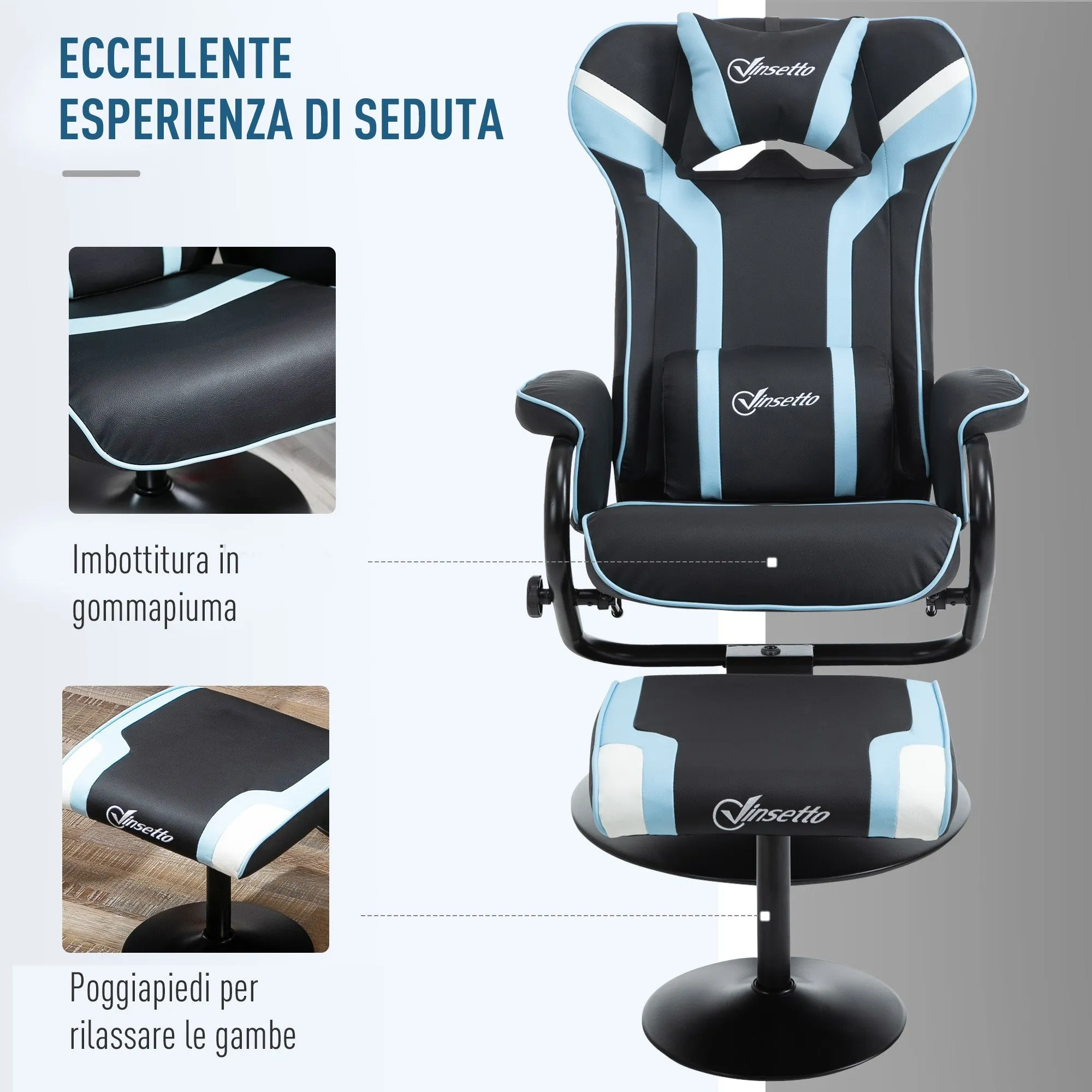 Easycomfort Set 2 Pezzi Poltrona Reclinabile con Poggiapiedi Stile Gaming, Inclinazione 130° e Supporto Lombare, Nero e Azzurro