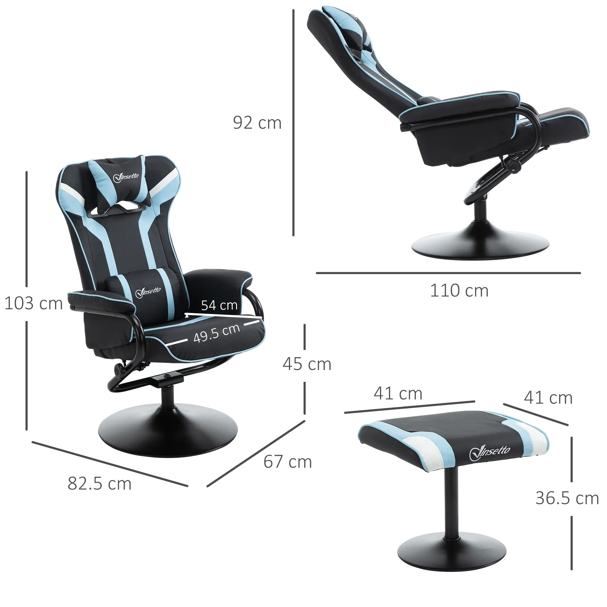 Easycomfort Set 2 Pezzi Poltrona Reclinabile con Poggiapiedi Stile Gaming, Inclinazione 130° e Supporto Lombare, Nero e Azzurro