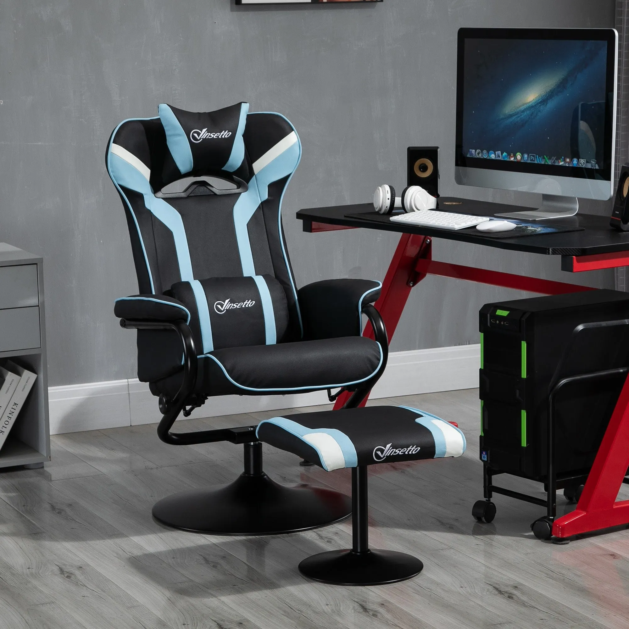 Easycomfort Set 2 Pezzi Poltrona Reclinabile con Poggiapiedi Stile Gaming, Inclinazione 130° e Supporto Lombare, Nero e Azzurro