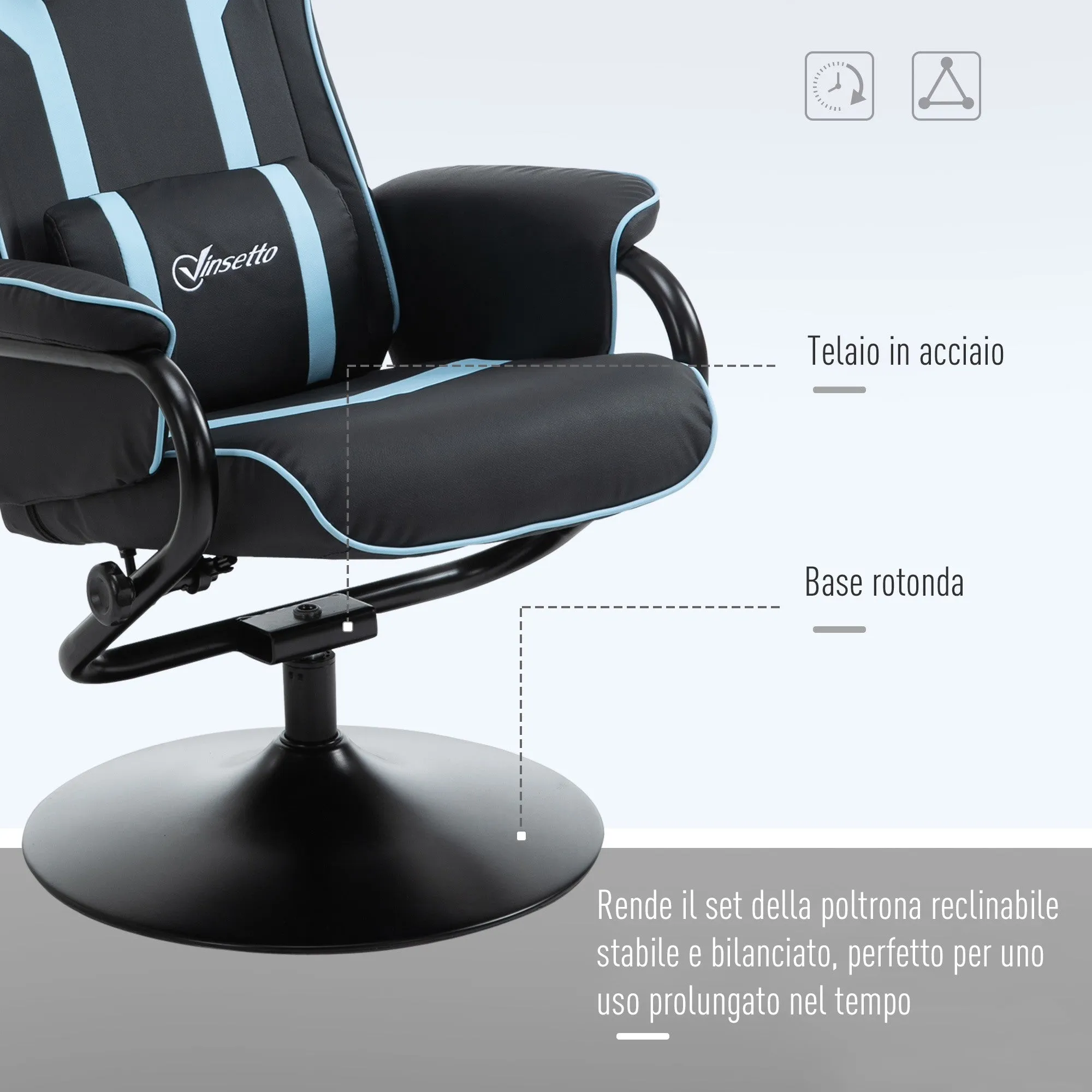 Easycomfort Set 2 Pezzi Poltrona Reclinabile con Poggiapiedi Stile Gaming, Inclinazione 130° e Supporto Lombare, Nero e Azzurro