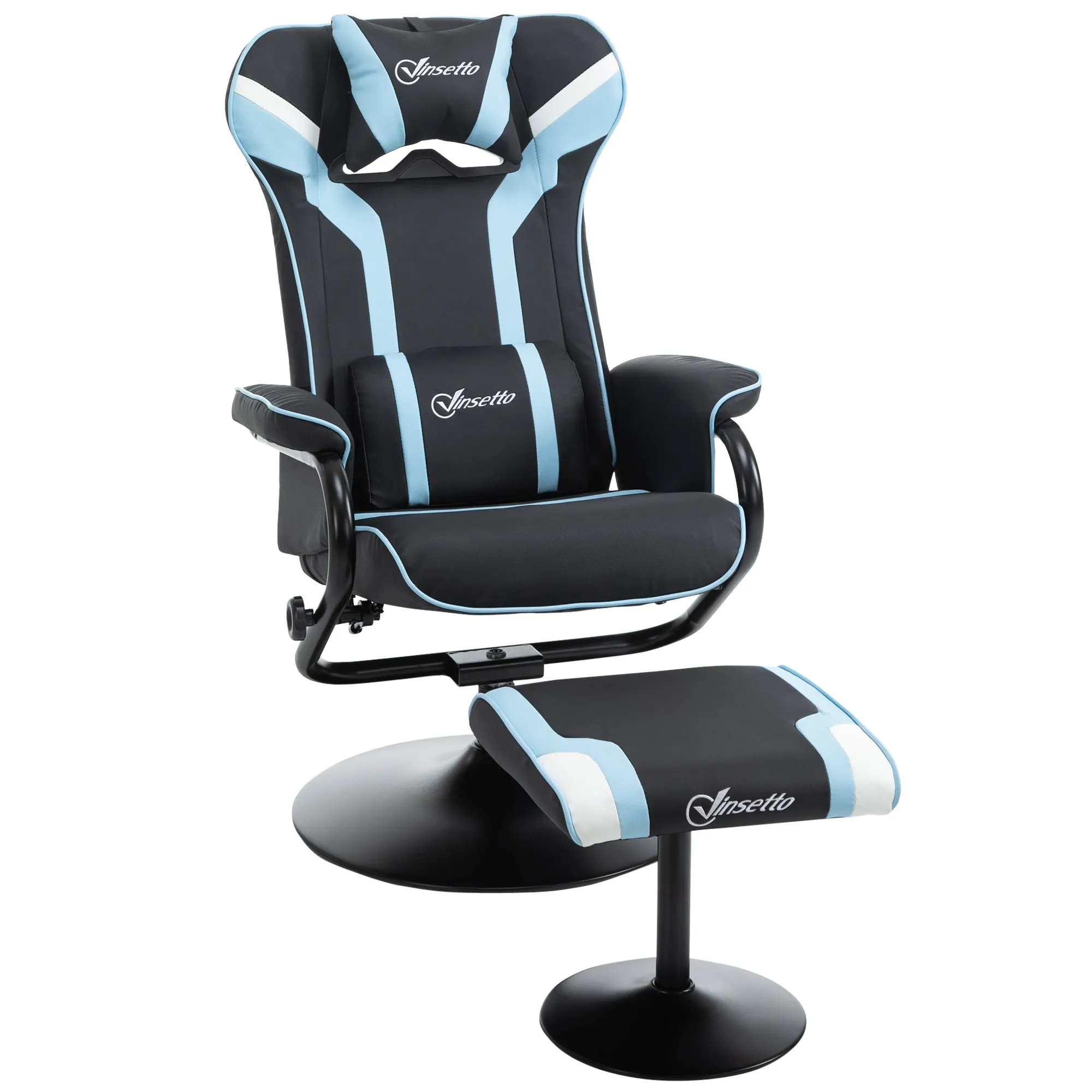 Easycomfort Set 2 Pezzi Poltrona Reclinabile con Poggiapiedi Stile Gaming, Inclinazione 130° e Supporto Lombare, Nero e Azzurro