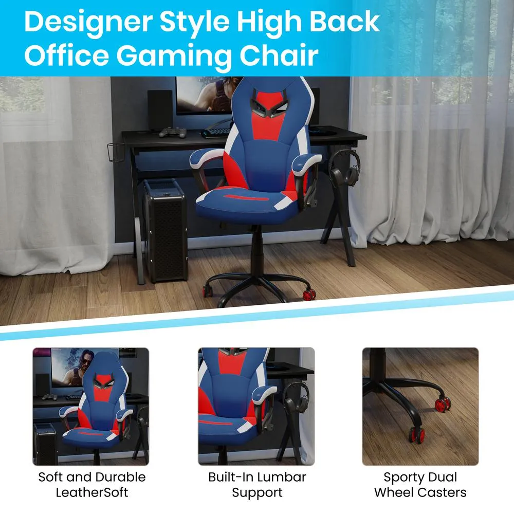 Ergonomic Pc Office Computer Chair - Adjustable Red & Blue Designer Gaming Chair - 360° Swivel - Red Dual Wheel Casters By Flash Furniture