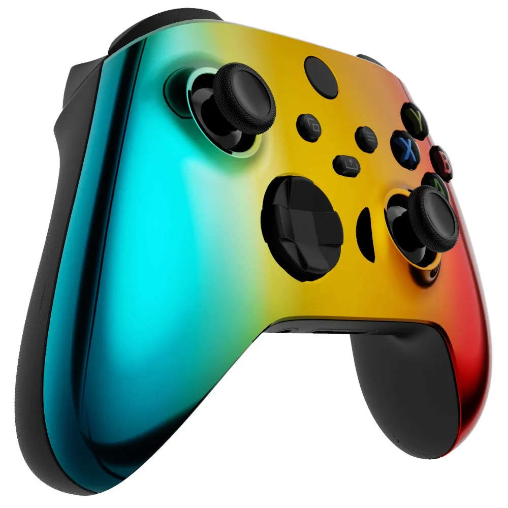 eXtremeRate Tri-Color Gradient Glossy Replacement Part Faceplate, Chrome Cyan Gold Red Housing Shell Case for Xbox Series S & Xbox Series X Controller Accessories - Controller NOT Included - FX3D409