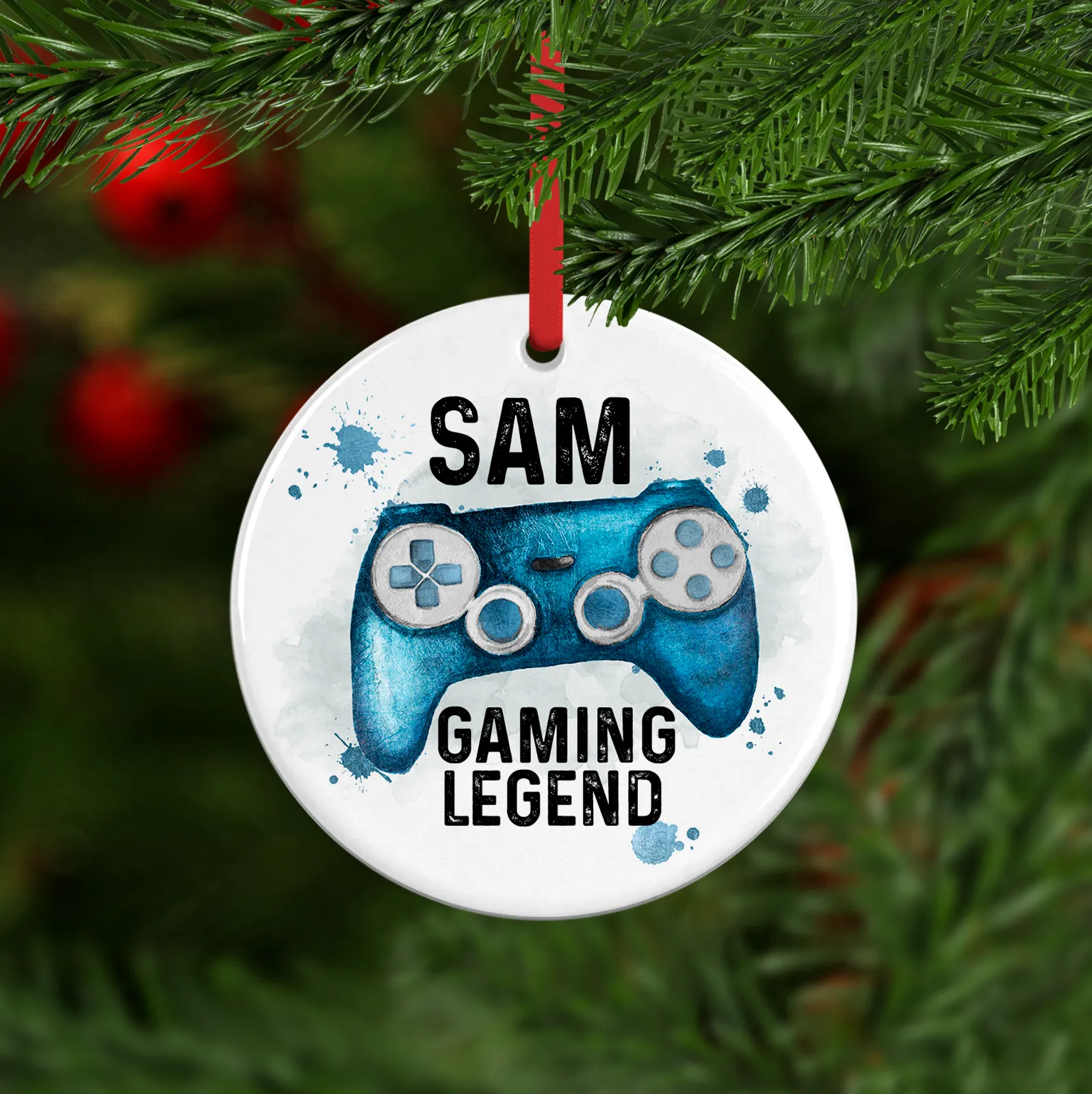 Gaming Legend Watercolour Personalised Ceramic Round or Heart Christmas Bauble