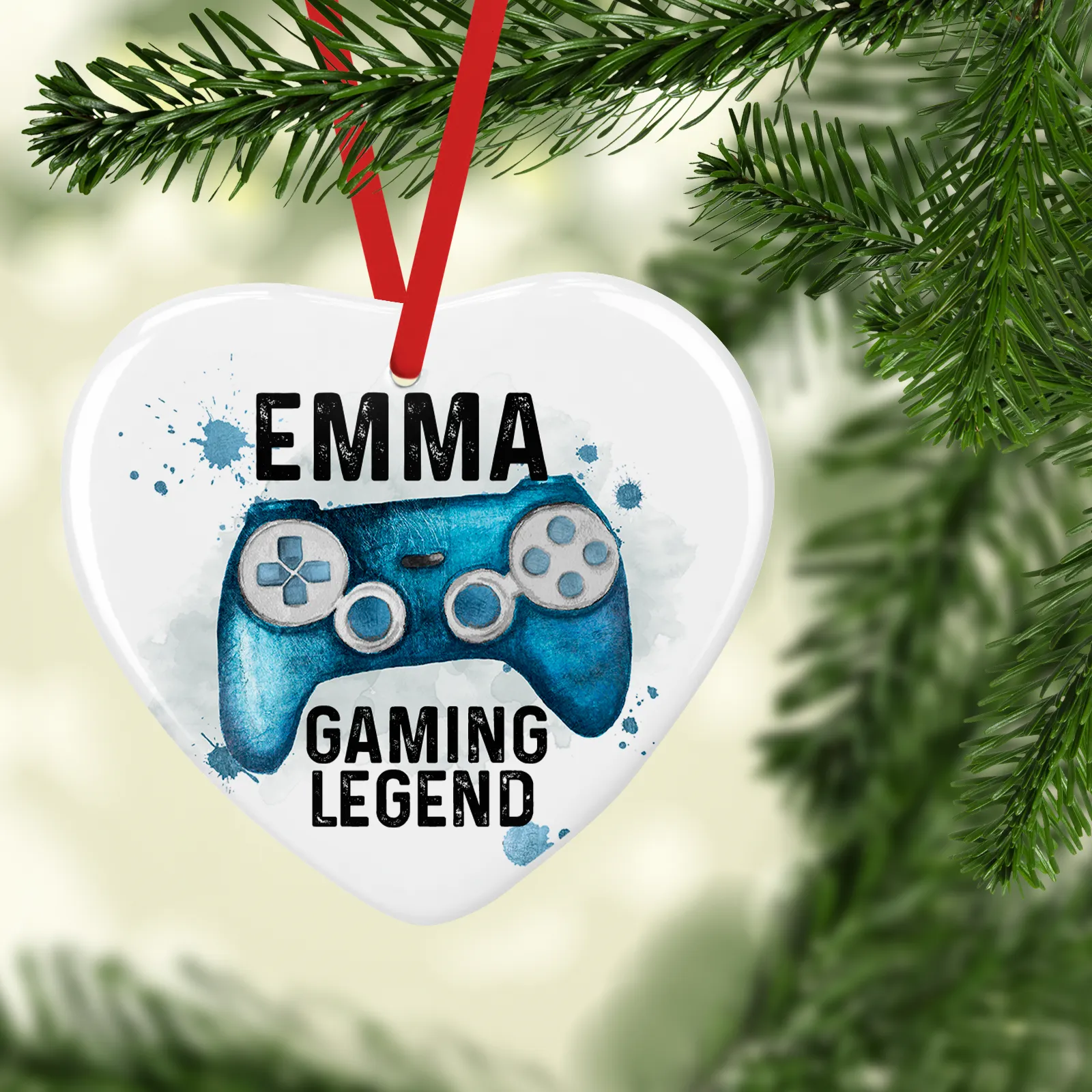 Gaming Legend Watercolour Personalised Ceramic Round or Heart Christmas Bauble