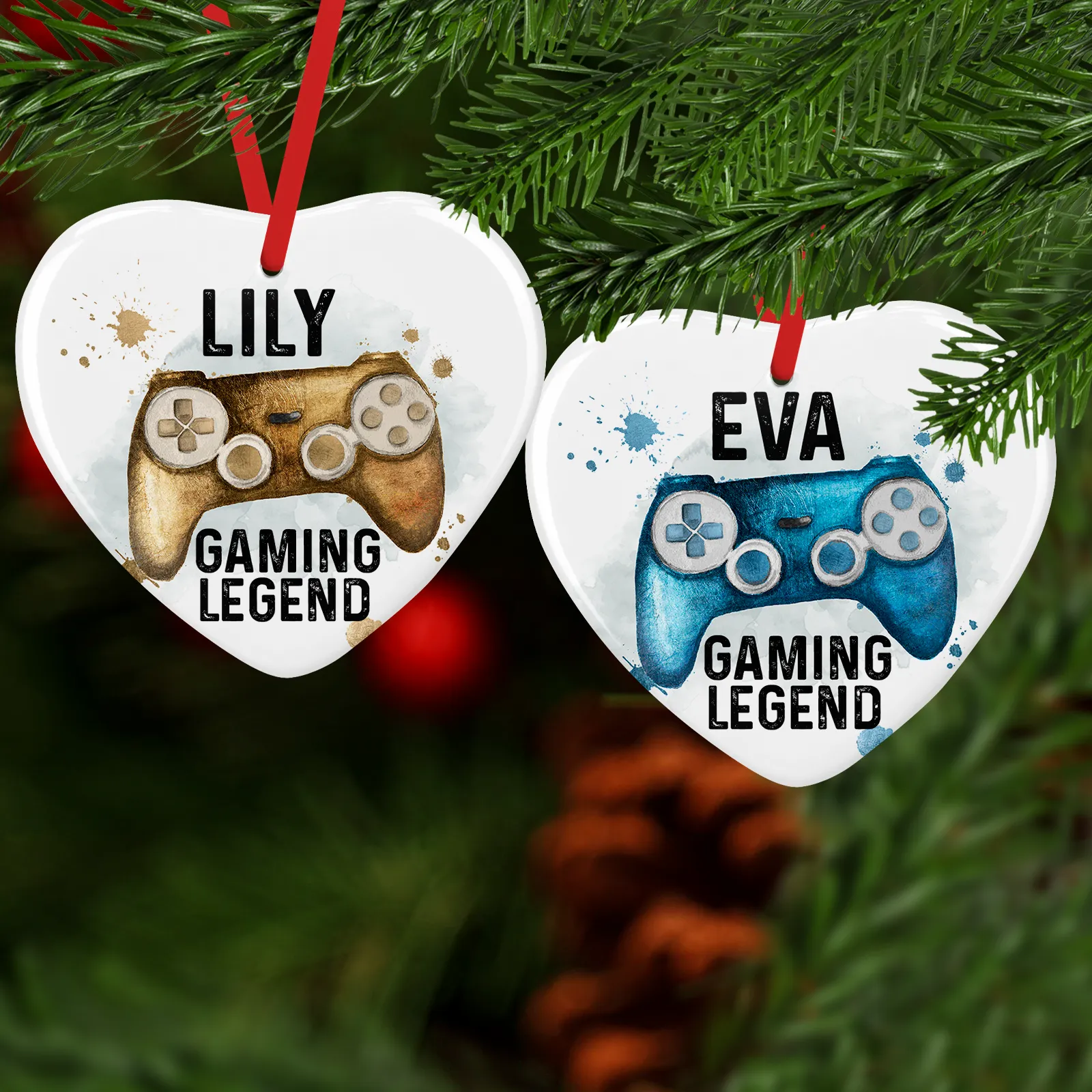 Gaming Legend Watercolour Personalised Ceramic Round or Heart Christmas Bauble