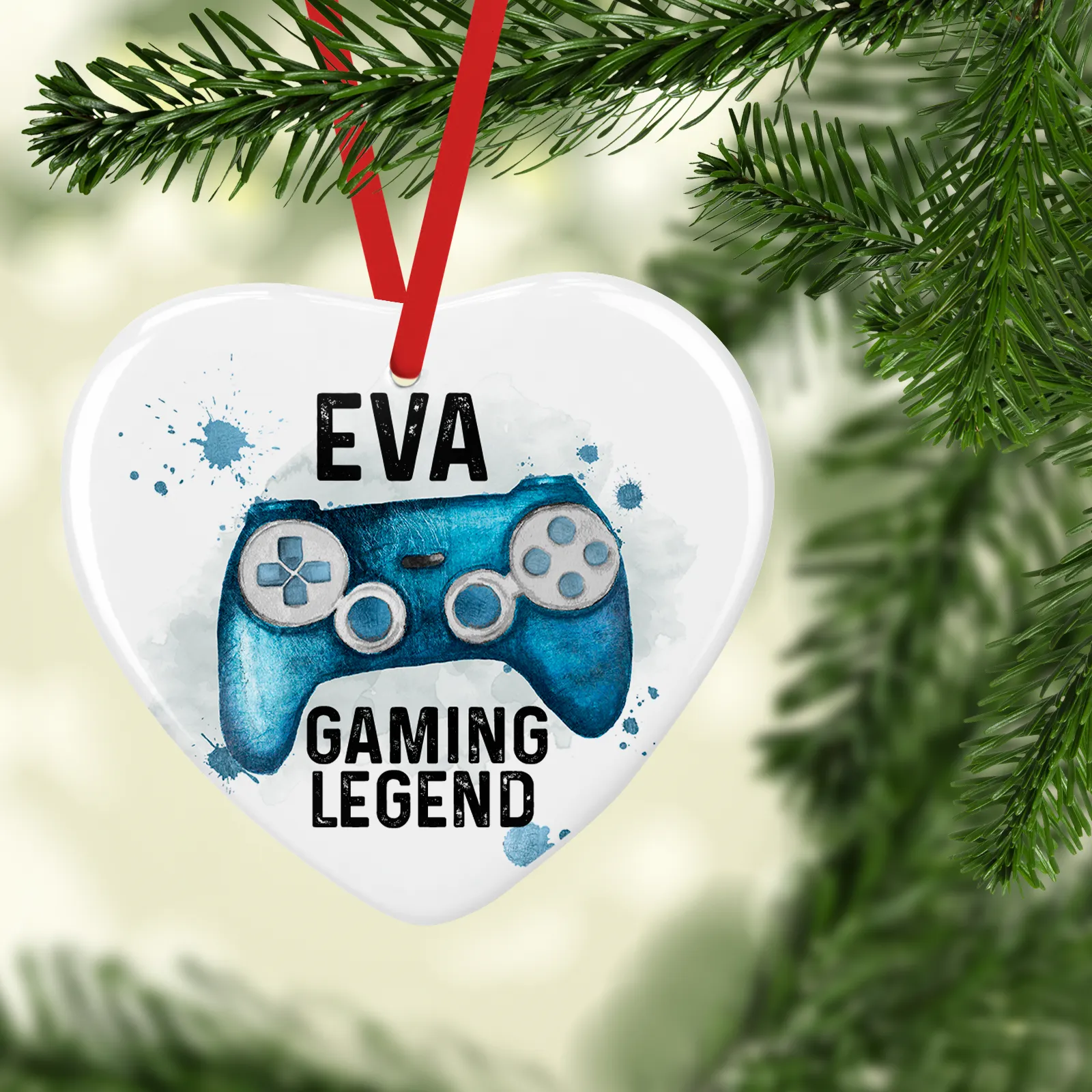 Gaming Legend Watercolour Personalised Ceramic Round or Heart Christmas Bauble