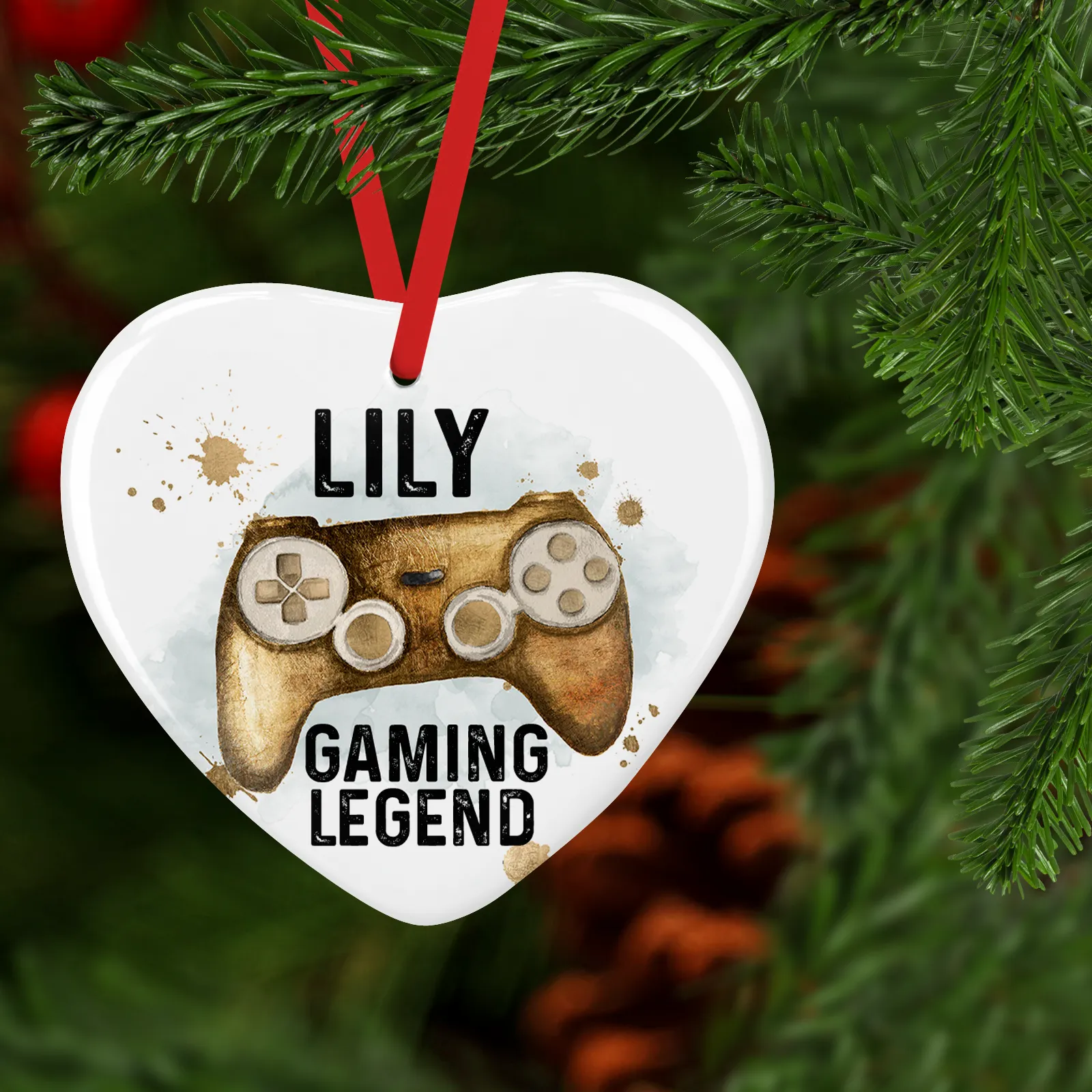 Gaming Legend Watercolour Personalised Ceramic Round or Heart Christmas Bauble