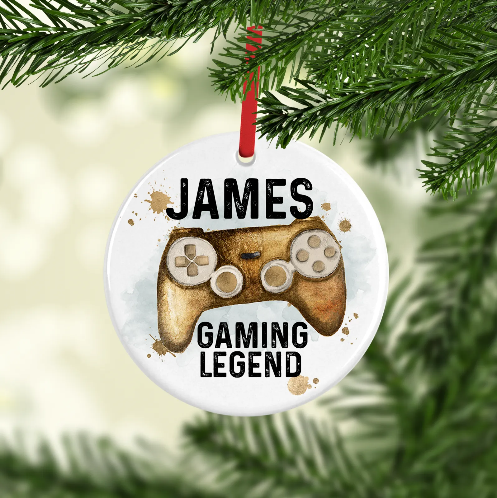 Gaming Legend Watercolour Personalised Ceramic Round or Heart Christmas Bauble