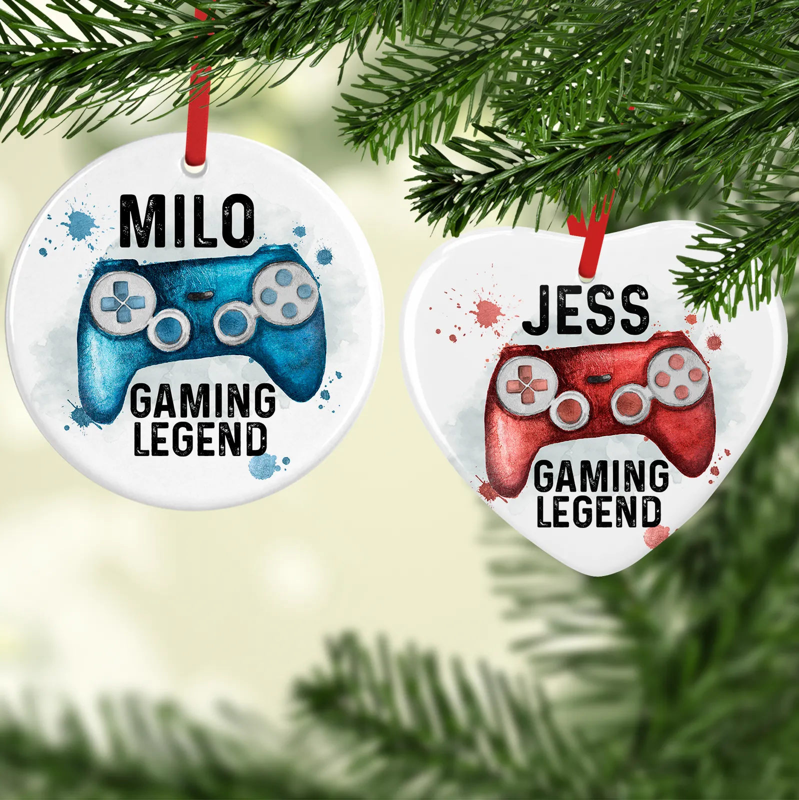 Gaming Legend Watercolour Personalised Ceramic Round or Heart Christmas Bauble