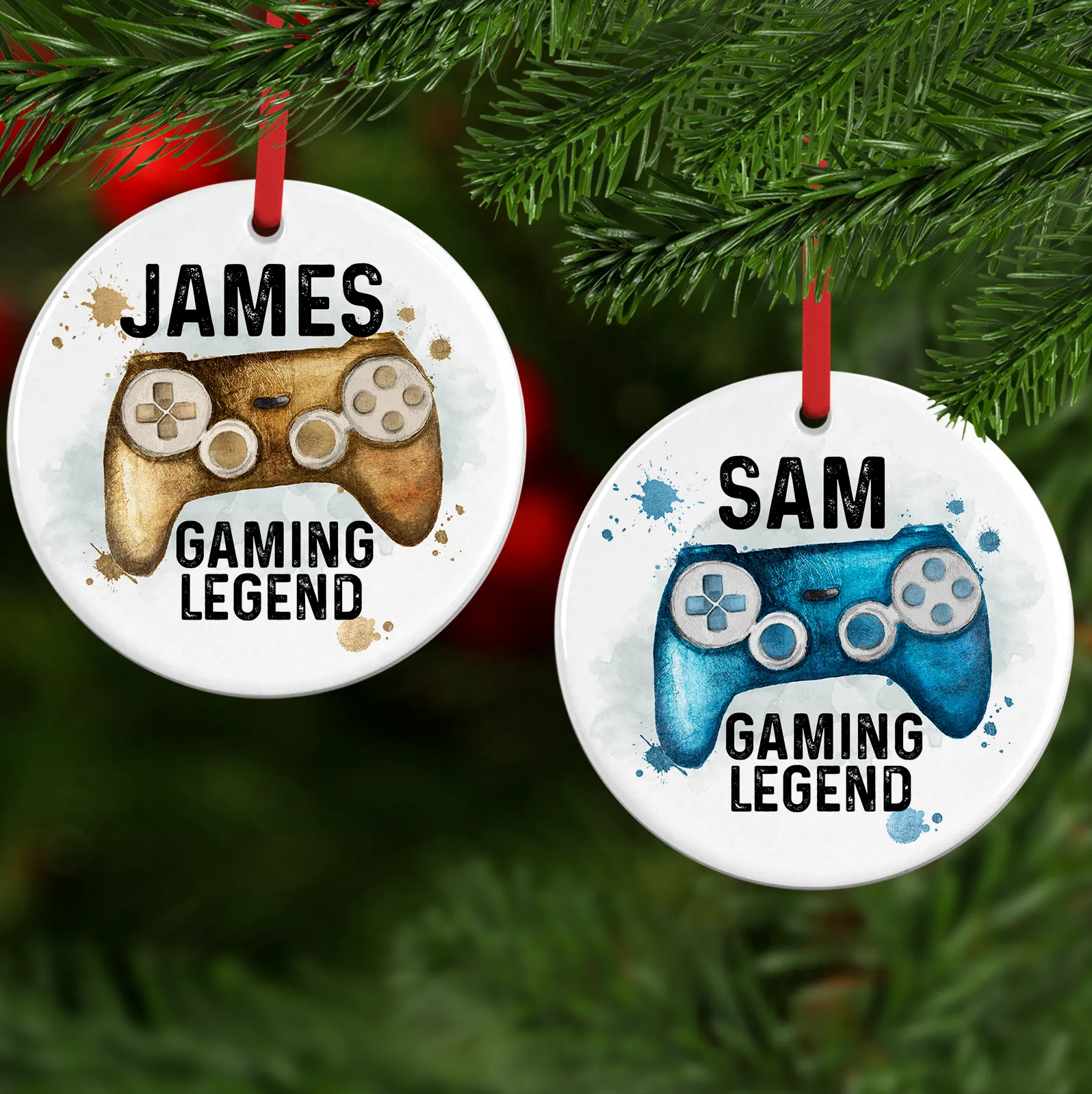 Gaming Legend Watercolour Personalised Ceramic Round or Heart Christmas Bauble