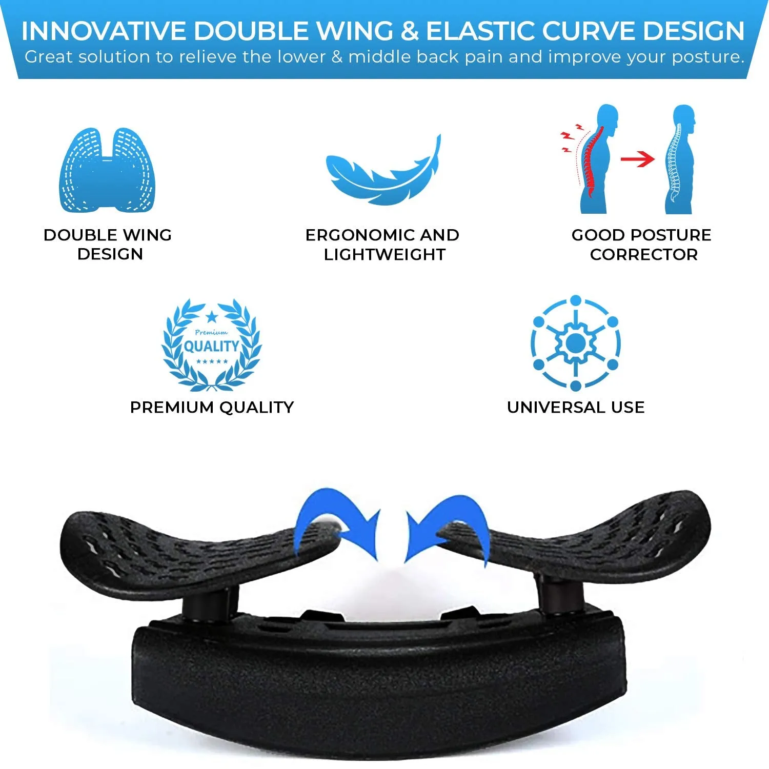 Importikaah Lumbar, Back Support Double Wing Orthopedic Seat Cushion Pillow With Adjustable Strap For Car, Black