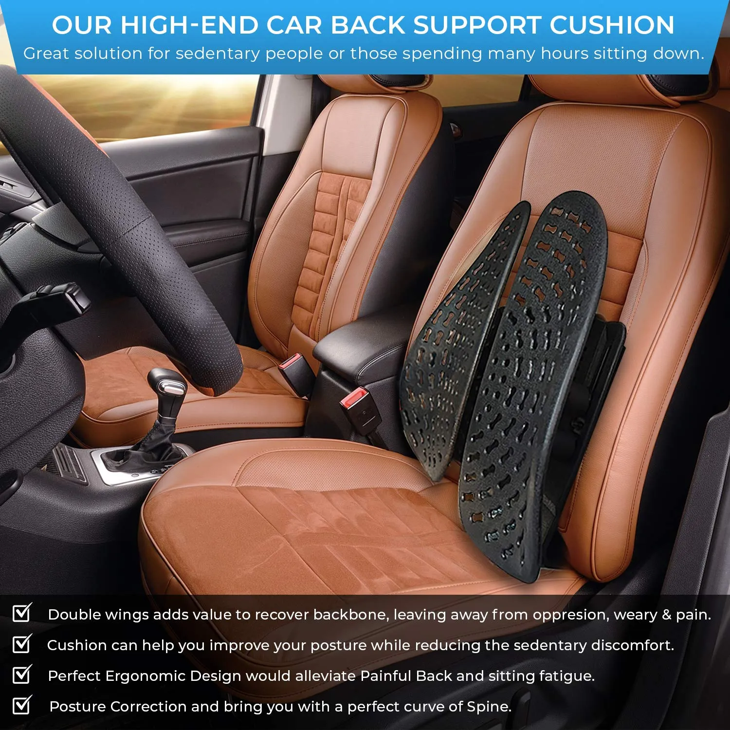 Importikaah Lumbar, Back Support Double Wing Orthopedic Seat Cushion Pillow With Adjustable Strap For Car, Black