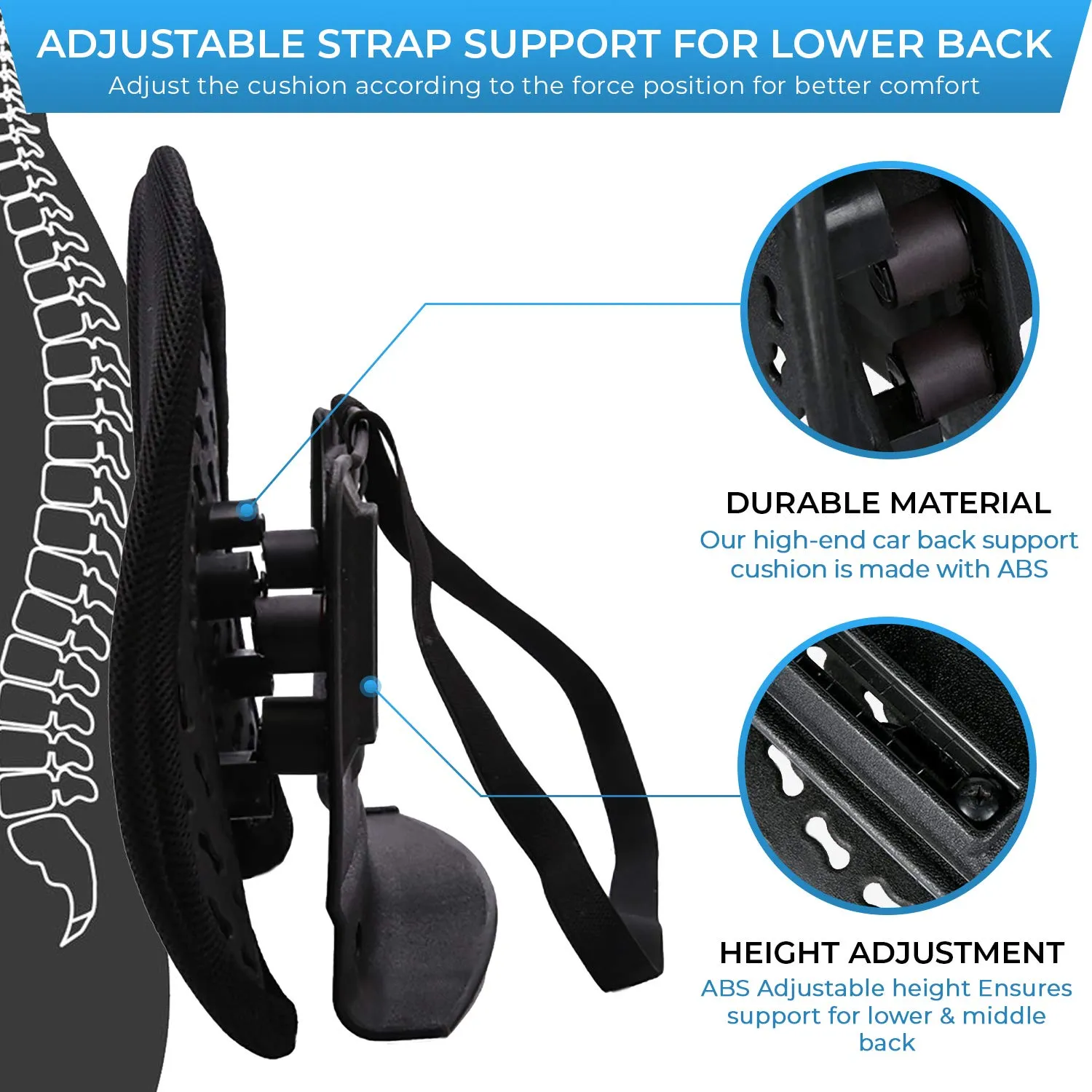 Importikaah Lumbar, Back Support Double Wing Orthopedic Seat Cushion Pillow With Adjustable Strap For Car, Black