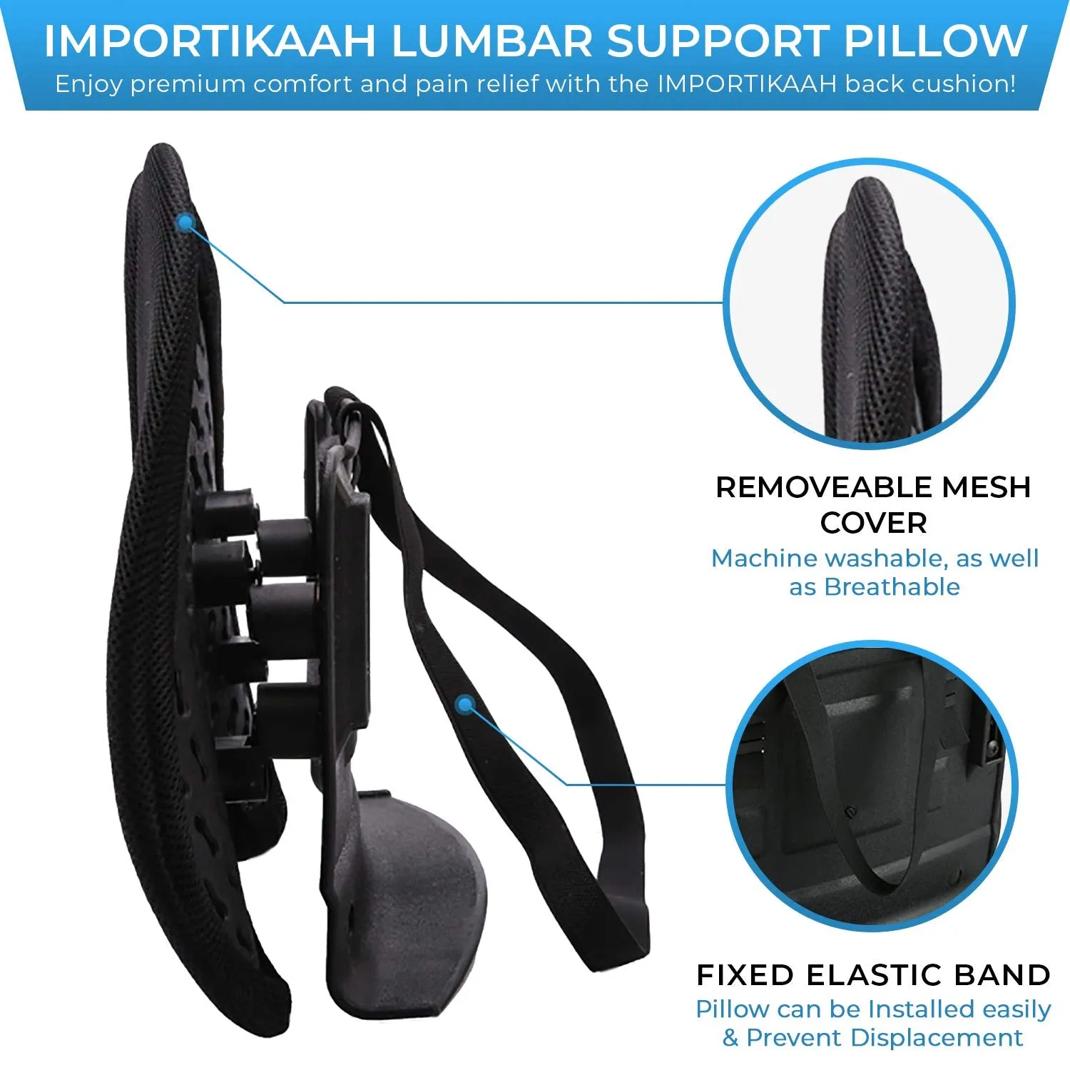 Importikaah Lumbar, Back Support Double Wing Orthopedic Seat Cushion Pillow With Adjustable Strap For Car, Black