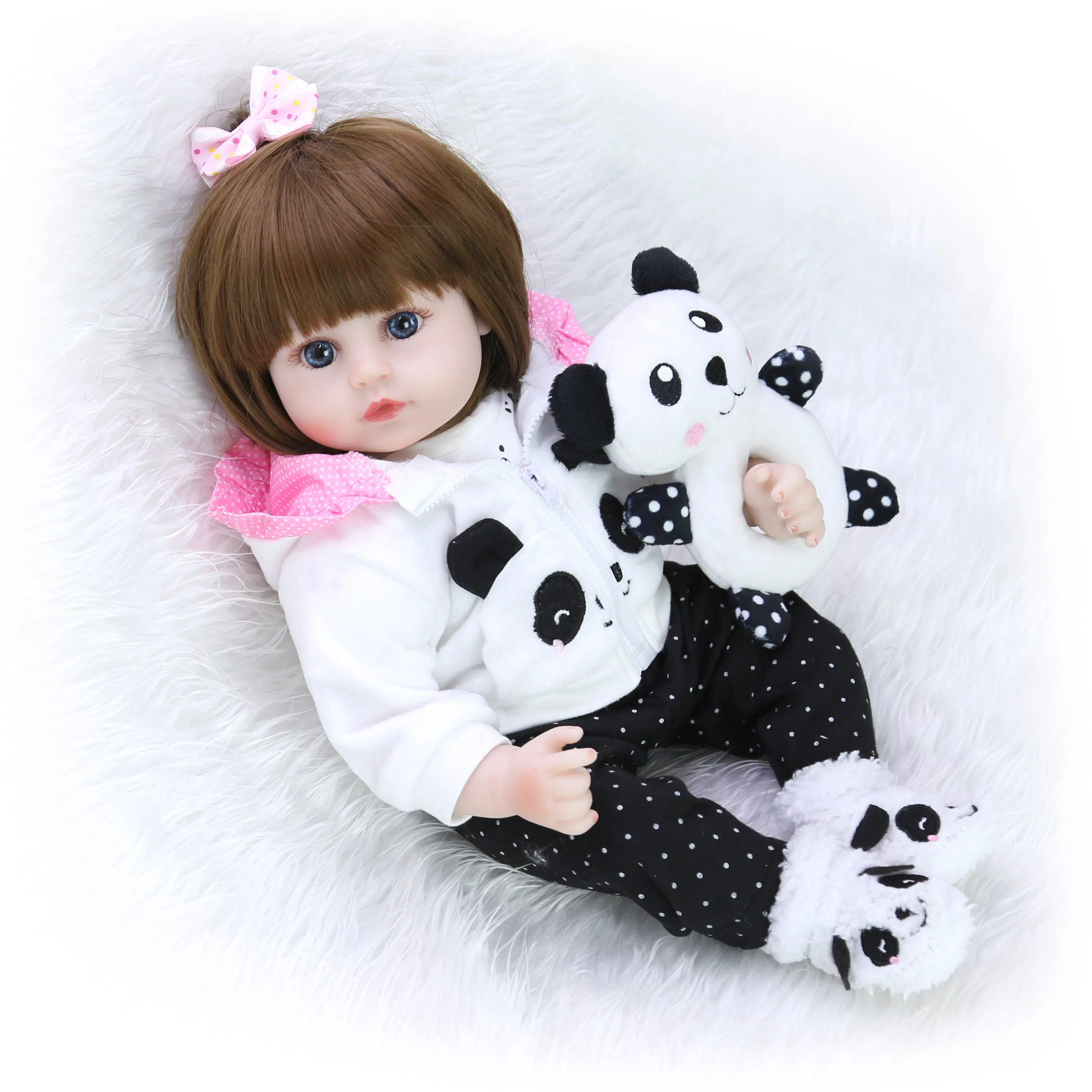 KEIUMI Wholesale 18'' Newborn Silicone Menina Reborn Baby Doll Cute Panda Cartoon Bebê Children's Day Gifts with 3 pcs Hair Clip