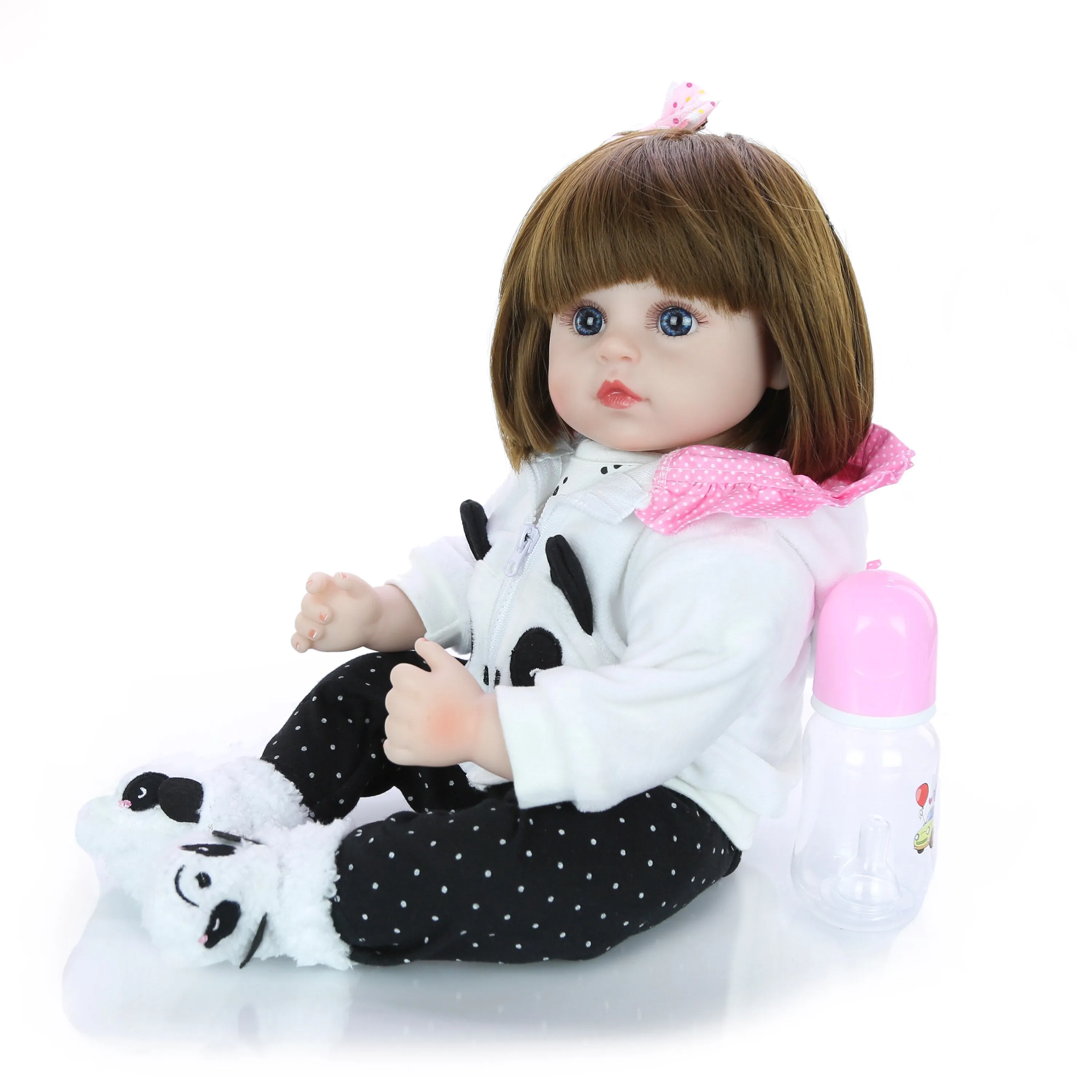 KEIUMI Wholesale 18'' Newborn Silicone Menina Reborn Baby Doll Cute Panda Cartoon Bebê Children's Day Gifts with 3 pcs Hair Clip