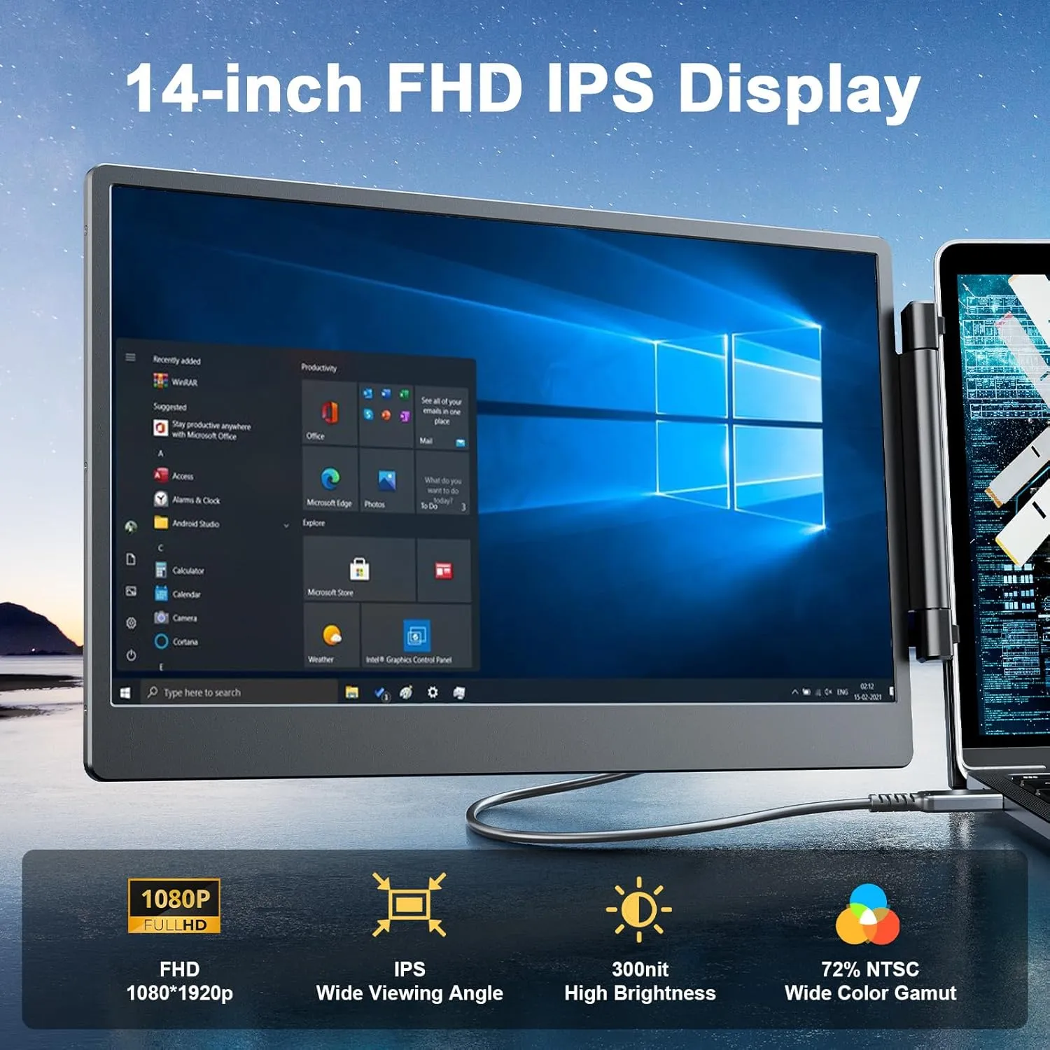 Laptomo 14" Dual Screen Laptop Monitor Extender - 1080P FHD IPS Portable Screen for 13-17.3" Laptops, Compatible with Windows, Mac, Android, PS5 - Black